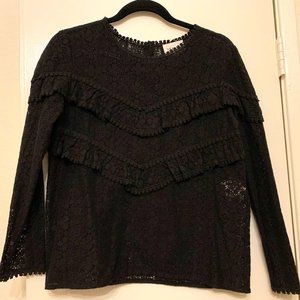 Sezane black lace long-sleeve shirt with ruffles